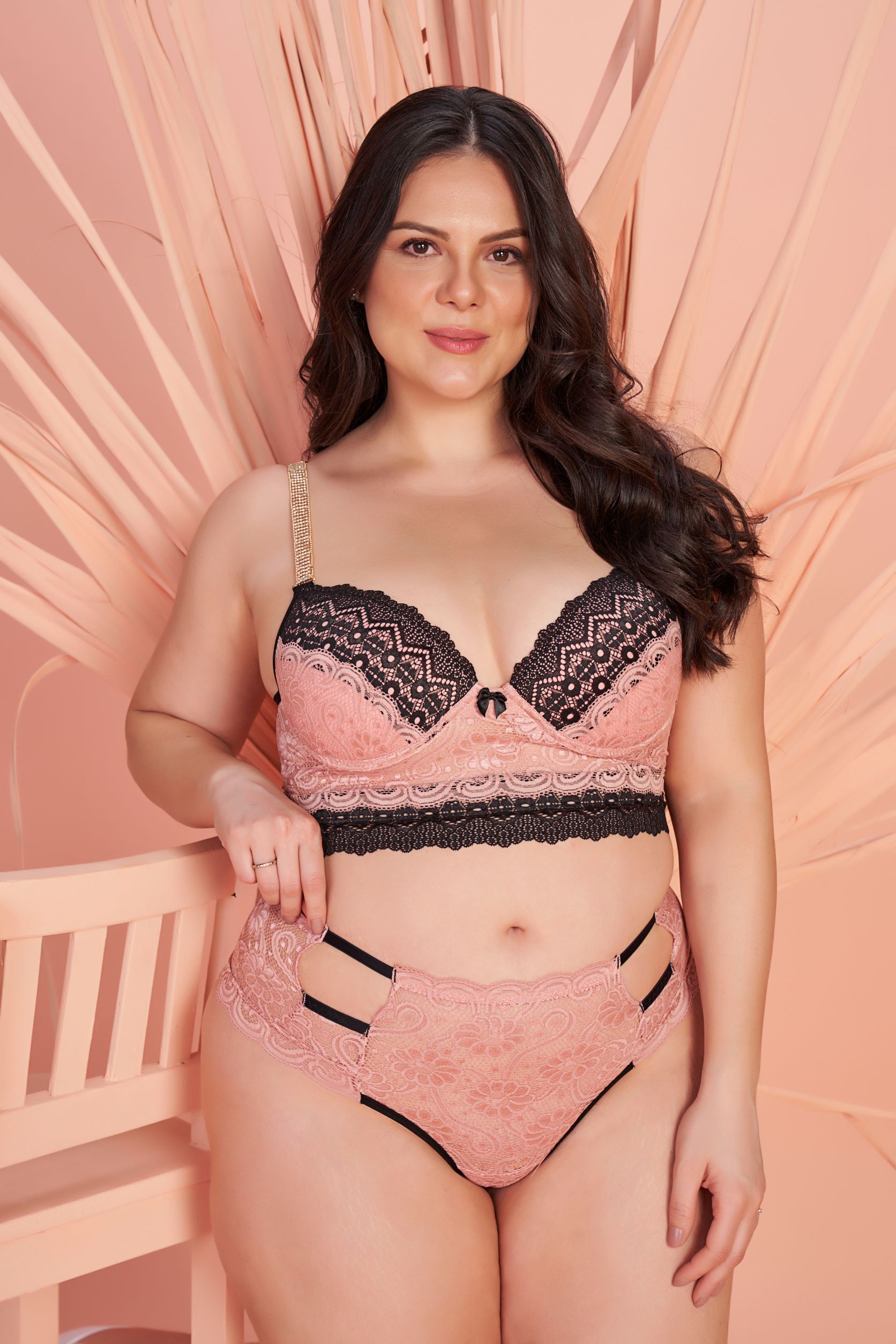 Conjunto de lingerie Plus Size com Alça de Strass - Mocian